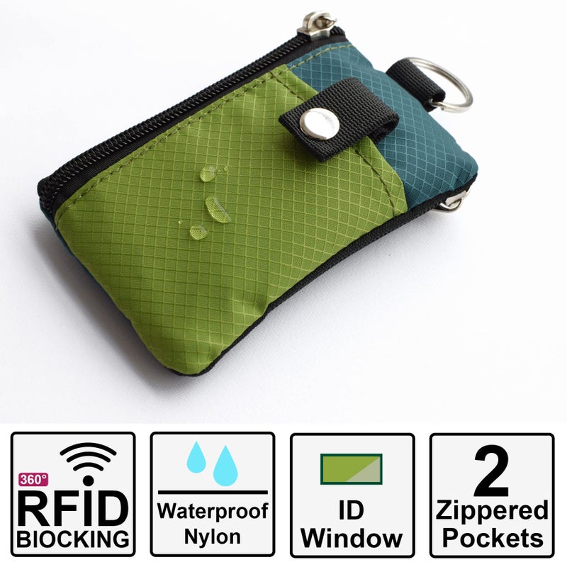 CHENSPRX Minimalist RFID Blocking Small Wallet with ID Window,WaterResistant Zip Id Case Wallet with Lanyard Keychain for Cards,Cash,Travel,Women,Men (GreenOnion+DarkGreen) - Image 2